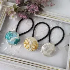 【TU】インド刺繍リボン くるみボタン ヘアゴム27ミリ3個セット
