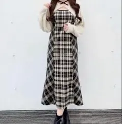 NOMAE シャギーボレロロングチェックワンピース