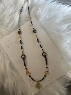 12.【ハンドメイド】ロングネックレス　ゴールド×アンバー　ビーズアクセサリー