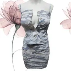 迷彩柄タイトスカートセットアップ ブルー系 セクシー ギャル キャバ ベアトップ