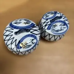 手描き 蓋付き小鉢 2客セット 大小　網山水蓋物揃
