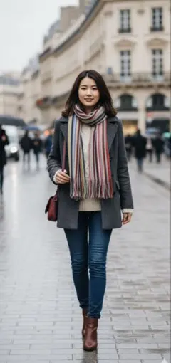 イタリア製　多色マルチカラー交織リブ編みウールストライプ マフラー