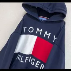 トミーヒルフィガー パーカー フーディ ネイビー でかロゴ 刺繍 XXL