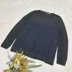 【ユニクロ】UNIQLO ボーダー柄ウールニット Uネック 長袖 グレー L ●