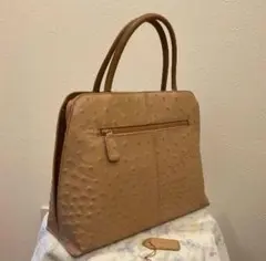 レディース オーストリッチ風ハンドバッグ　中古　LEATHER　ベージュ系