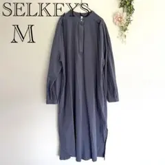 SELKEYS✨ロング ワンピース 長袖 M 綿 麻 ノーカラー シャツワンピ