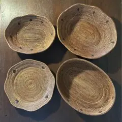 バリ島アタ製　大きめカゴ・皿セット4点　まとめ売り