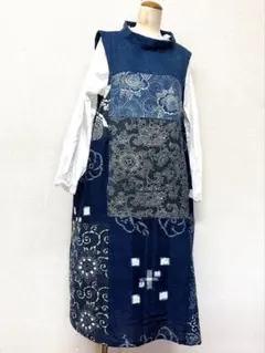 古布リメイク　ジャンバースカート　藍染め　型染め　絵絣　（357）