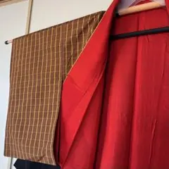 アンティーク 正絹 黄八丈 茶黄黒 格子文様 紬着物　大正ロマン