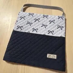 防災頭巾カバー　リボン　ネイビー　座布団タイプ　正方形　ハンドメイド　入学