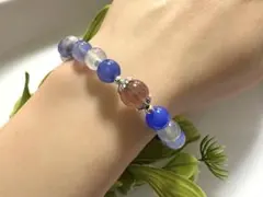 《90》 天然石 デザインブレスレット 桜ブルー瑪瑙 ストロベリークォーツ
