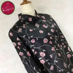 日本製 レトロ ブラウス 花柄 総柄 光沢 古着 ブラック 黒 赤 緑