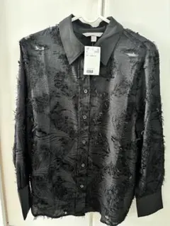 新品　 フリンジ　シアー　ブラック 長袖シャツ S