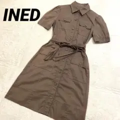 INED イネド ミリタリー シャツワンピース ベルトリボン カーキ 膝丈 M