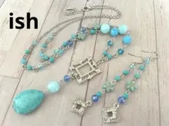 【A079】ishターコイズドロップ・グラスビーズネックレス＆ピアス