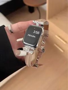 AppleWatchバンド ダイヤモンド ベルト高級感シルバーバックル カーキ
