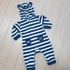 ストライプ柄ロンパース（クマ耳付き）