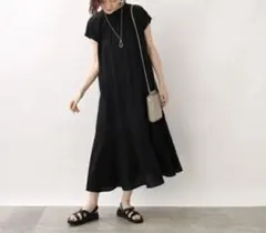 【新品】grove 軽やかキレイヨーロピアンリネン混ワンピ－ス　サイズＬ　黒のサムネイル