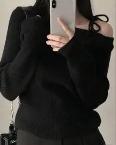ワンショルダーリボン ニットトップス 黒