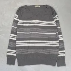 INED イネド ニット セーター 長袖 ボーダー Vネック グレー 9号