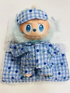 ぬいぐるみ用青チェックベッド4点セット パジャマ ぬい活 可愛い 暖かい 布団
