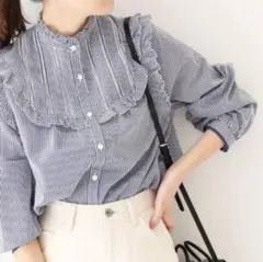 SLOBE IENA コットンシルクフリルブラウス　スローブイエナ　ブルー