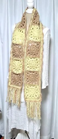 グラニースクエア♡お花モチーフのフリンジ付きロングマフラー　イエロー×ベージュ