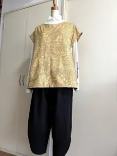 No.496 着物リメイク　フレンチスリーブ　正絹紬　チュニック