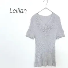 レリアン 半袖ニット M フリル襟 リボン 上品 人気 春夏 涼しい　グレーのサムネイル