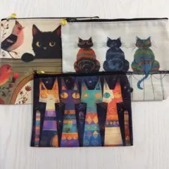 猫デザインポーチ　3点セット