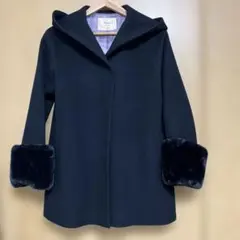 Maglie par ef-de フード付き　袖ファー付き　黒ウールコートS７号
