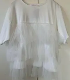 しまむら Tシャツ ティアード チュールTシャツ レース シフォン 白 L