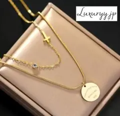 【大人気】コイン✨ジルコニア ラスト ネックレス サージカルステン 2連ゴールド