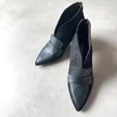 【未使用級】黒ローファー風 ポインテッドトゥ 異素材ショートブーツ ブーティ