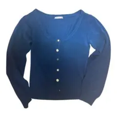 Uネック　カーディガン　ネイビー　グラデーション　金ボタン