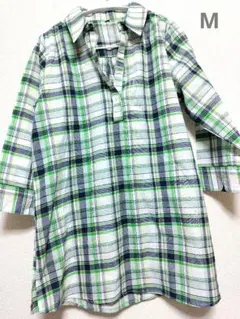 レディース 【M】 チェック柄 スキッパー Ｖネック シャツ ブラウス グリーン
