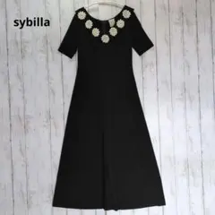 【sybilla】シビラ ワンピース 半袖 ロング L ブラック 花柄刺繍