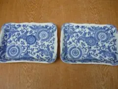 瀬戸焼/2枚　平皿・角皿　印判　唐草　春山