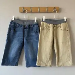 【160サイズ 2点セット】デニム・ベージュ ハーフパンツ
