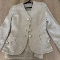 バブリースーツ　ノーカラー　金パールボタン　ツイード　希少