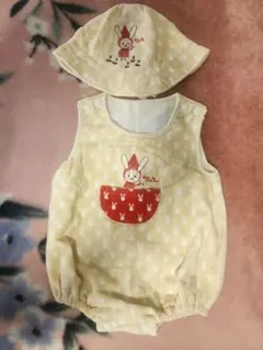 新品未使用 ベビー ロンパース＋帽子セット 60cm うさぎ柄 イエロー