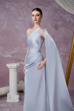 ライトブルー ワンショルダー パーティードレス