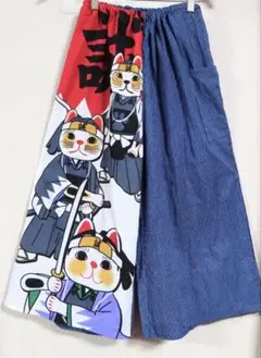 浴衣リメイク　ガウチョパンツ　ハンドメイド　侍　猫　手ぬぐい