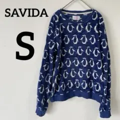 SAVIDA【S】ネイビー ペンギン柄 セーター 長袖　ブルー　青　フリース