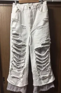 【GRANCY】スウェットドッキングデザインダメージバギーデニムパンツ