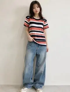 BACK NUMBER マルチボーダー 半袖リブニット Sサイズ ピンクブラックのサムネイル