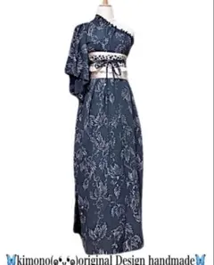 オリジナル衣装 大島紬 着物リメイクワンピース フリルワンショルダー 