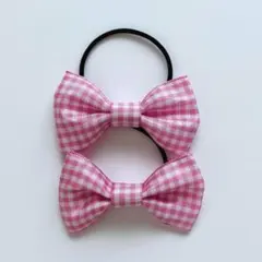 リボンのヘアゴム 2個セット ピンク ギンガムチェック シンプル