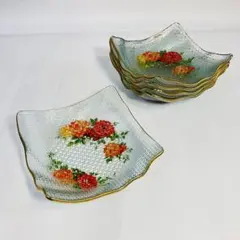 昭和レトロ 花柄 捻りガラス 皿 5枚セット アンティーク ビンテージ 食器