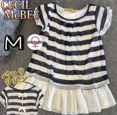 CECIL McBEE バックリボン ボーダーチュニック M 透け感 ラメ入